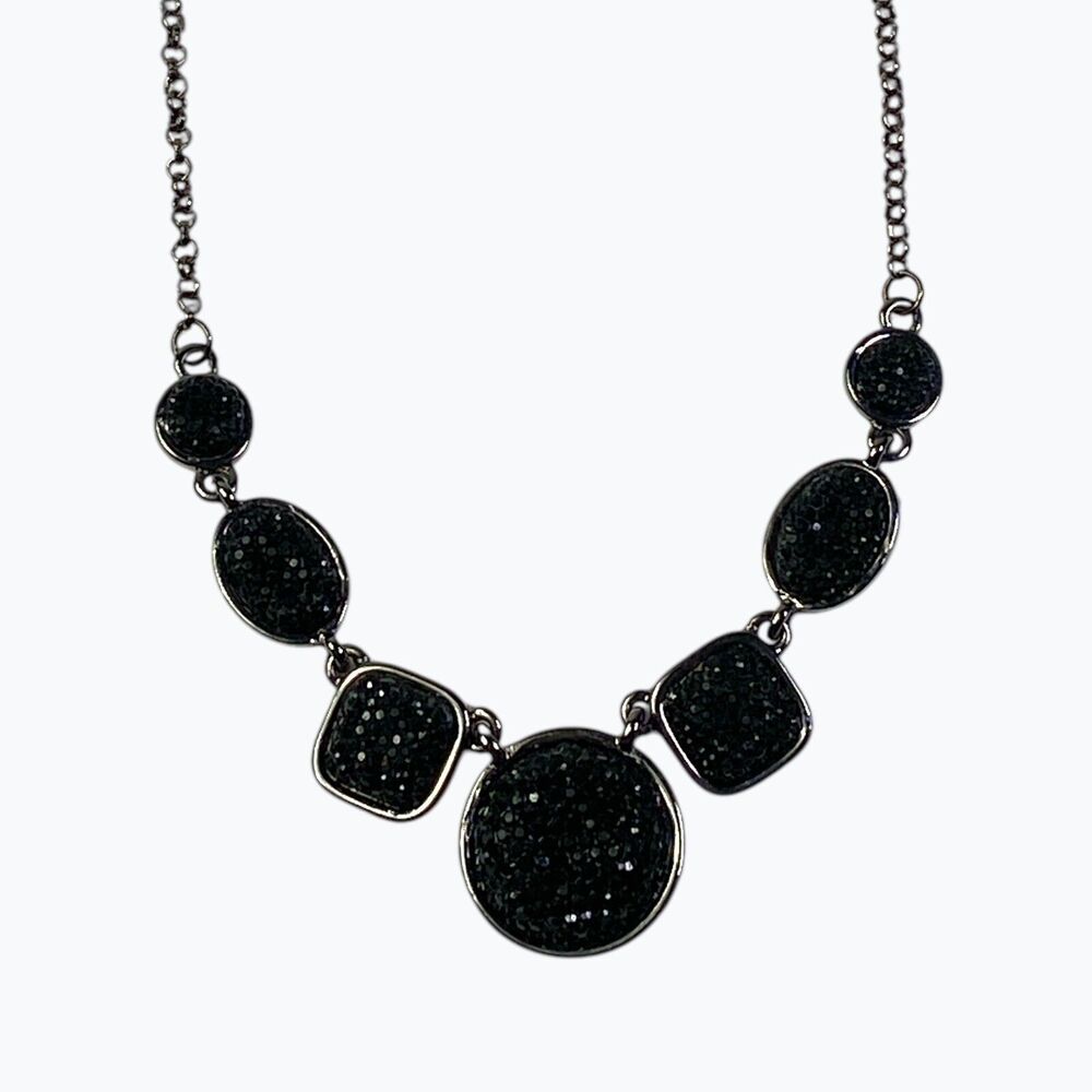 Black Pave Crystal Necklace Gunmetal Chain Geometric Evening Goth Emo Halloween